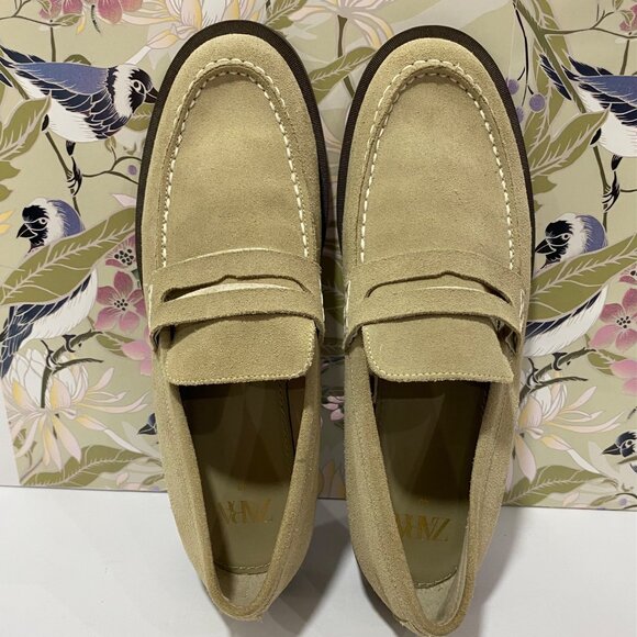 Zara Beige Suede Penny Loafers  Mens 9.5 Slip-On Design with Dual Stitching - Picture 8 of 9